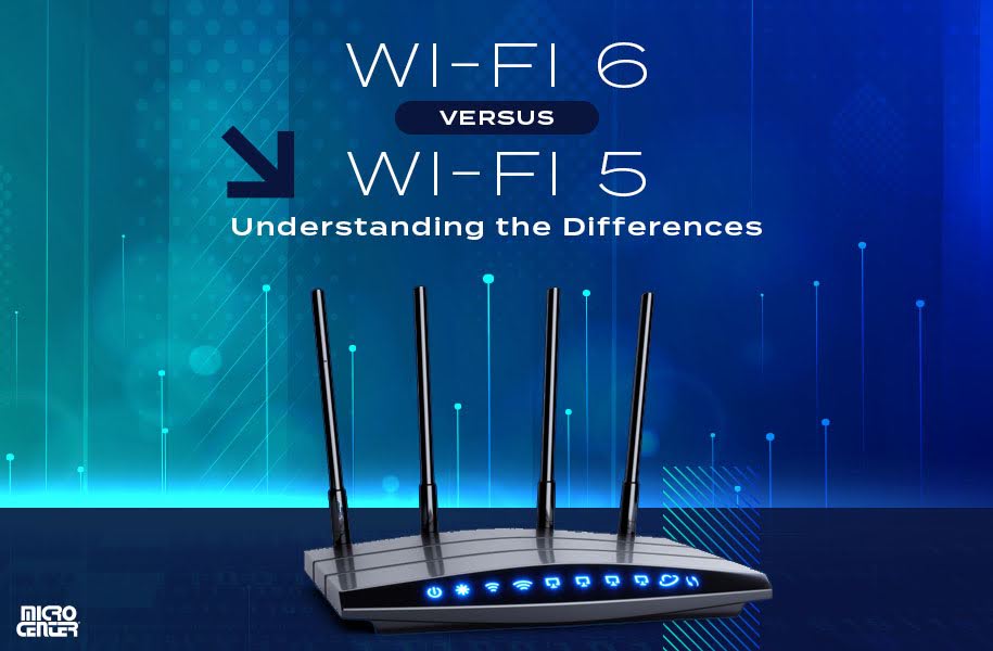 Graphic of a router illustrating the difference between wifi 6 and wifi 5